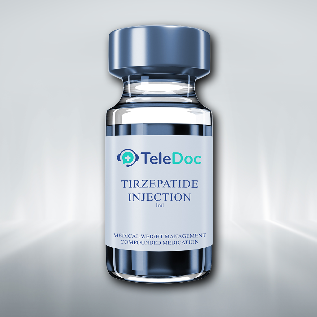 Tirzepatide injection vial used for medical weight loss, available through TeleDoc's prescription-based telehealth program.