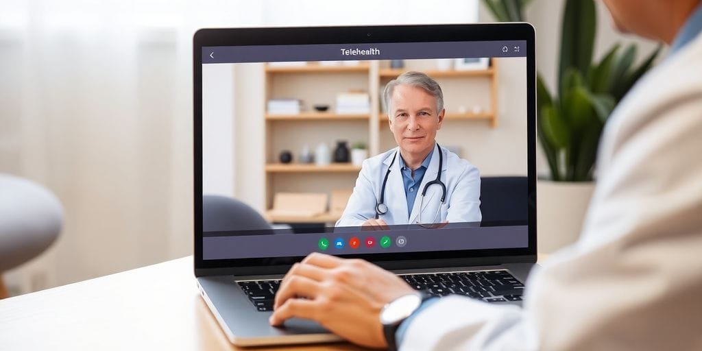 Doctor consulting with a patient via telemedicine on laptop.